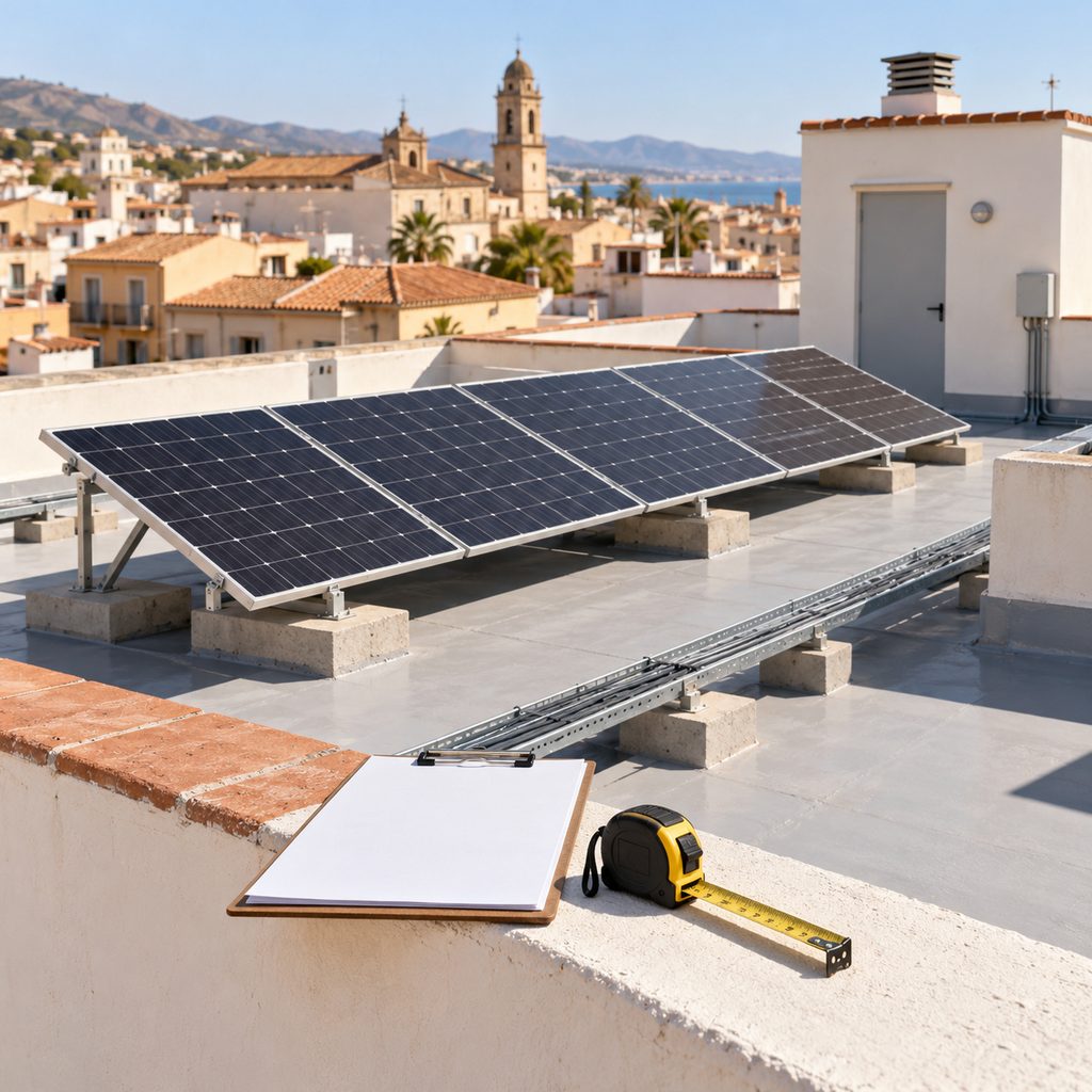 Placas solares sobre estructuras lastradas en la azotea impermeabilizada de un edificio, con el cableado hacia la caja de escalera