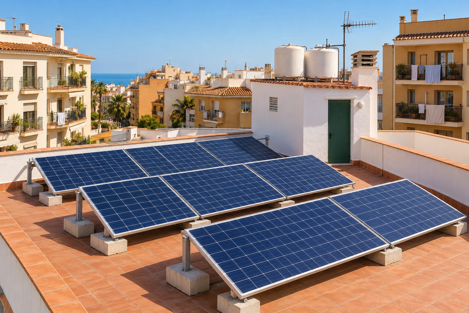 Azotea de un bloque de viviendas mediterráneo con filas de placas solares bajo el sol de la mañana