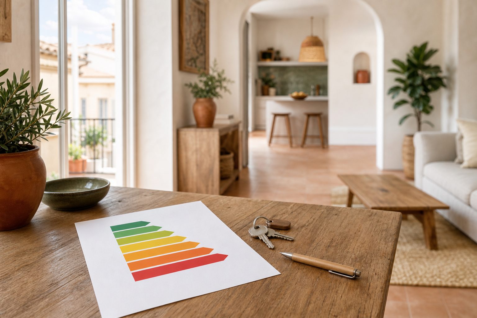 Etiqueta de eficiencia energética con las flechas de colores sobre la mesa de una vivienda luminosa