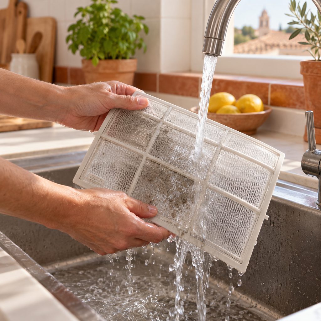 Filtro de aire acondicionado aclarándose bajo el grifo de una cocina, con el polvo saliendo con el agua