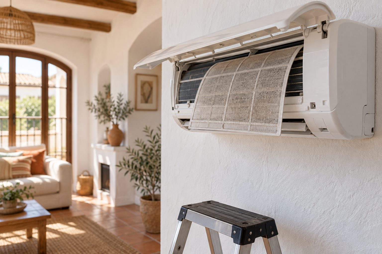 Filtro de un aire acondicionado split recién sacado de la unidad interior, con la tapa abierta, en un salón luminoso