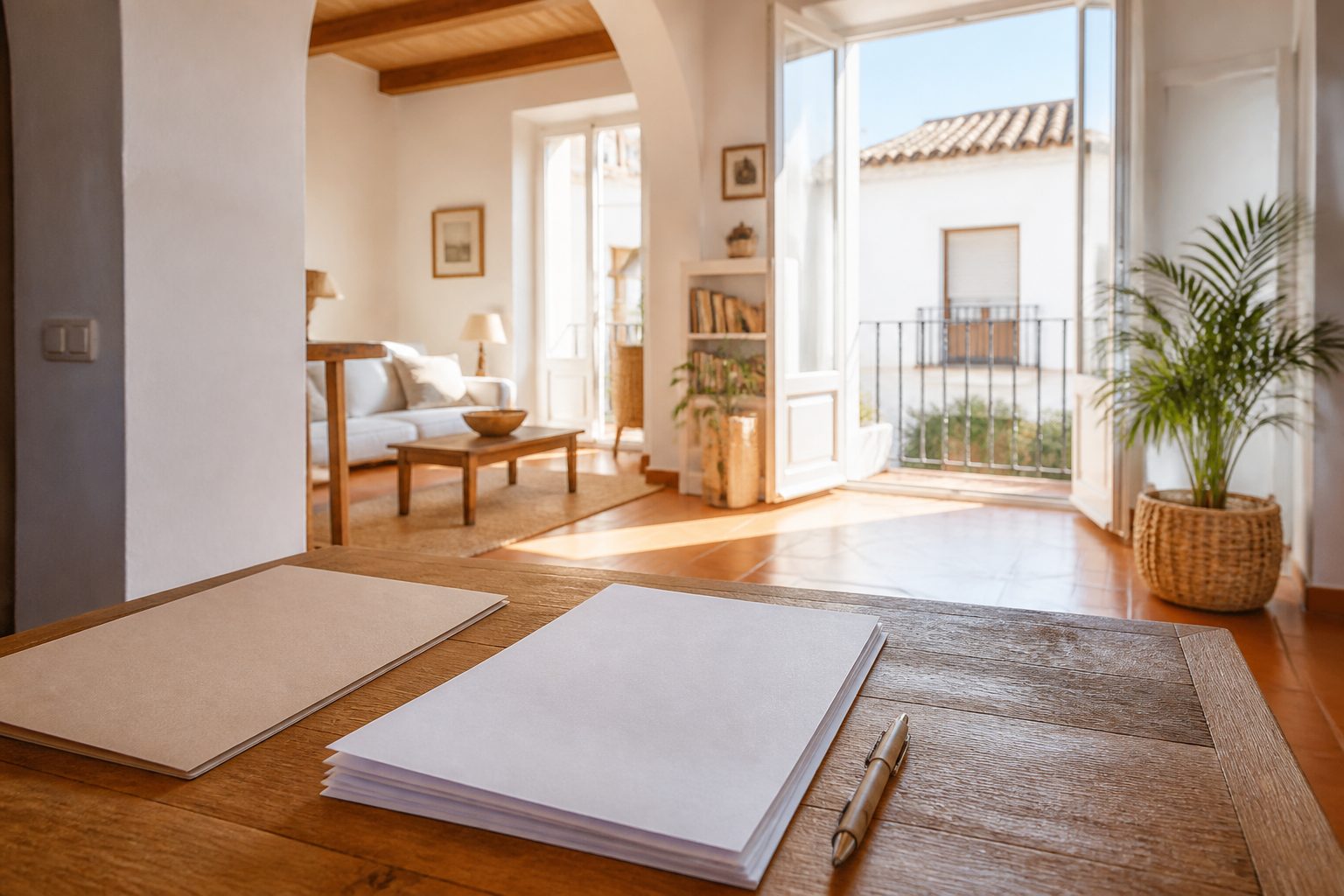 Interior luminoso de un piso español con documentos preparados sobre una mesa para un trámite de vivienda