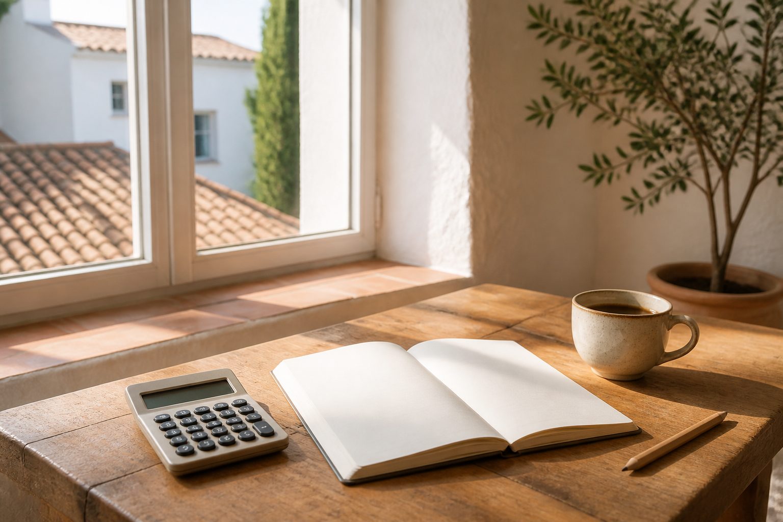 Mesa de madera junto a una ventana con una calculadora, un cuaderno y una taza de café