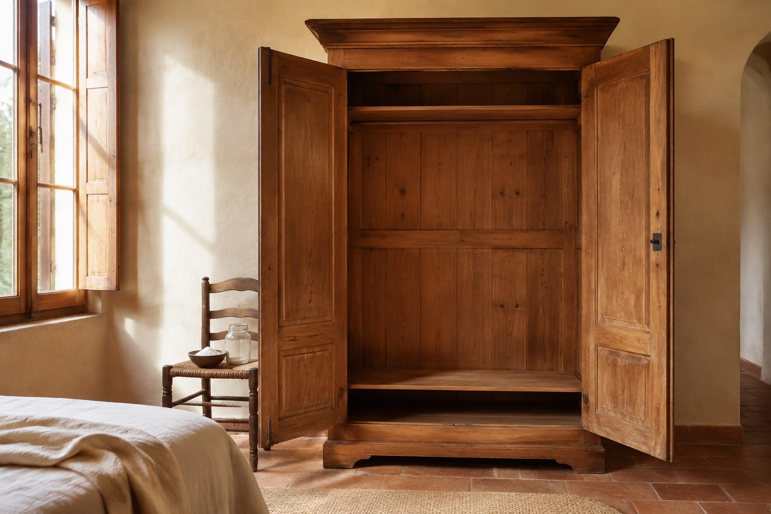 Armario de madera abierto y vacío en un dormitorio luminoso, con las puertas entreabiertas para airearlo