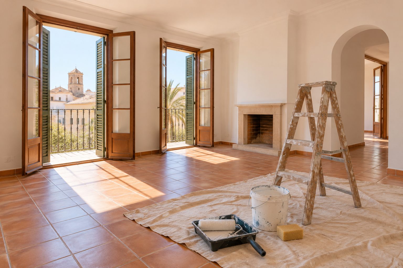 Salón vacío de un piso recién pintado, con material de pintura en el suelo y los balcones abiertos de par en par