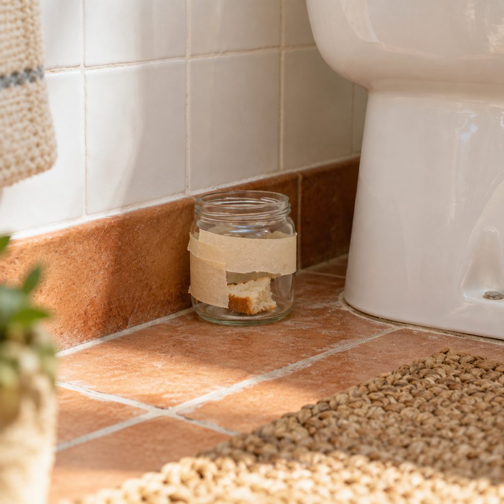 Tarro de cristal envuelto en cinta de carrocero usado como trampa casera junto al rodapié de un baño