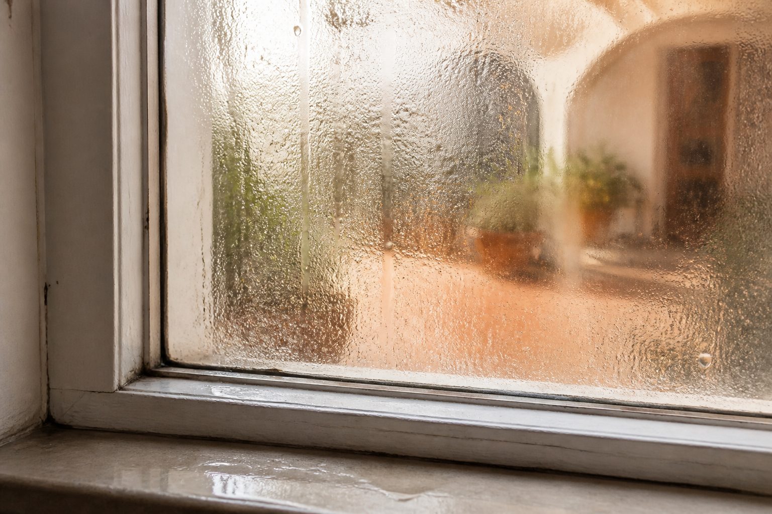 Ventana de una vivienda española con el cristal empañado y gotas de condensación a primera hora de la mañana