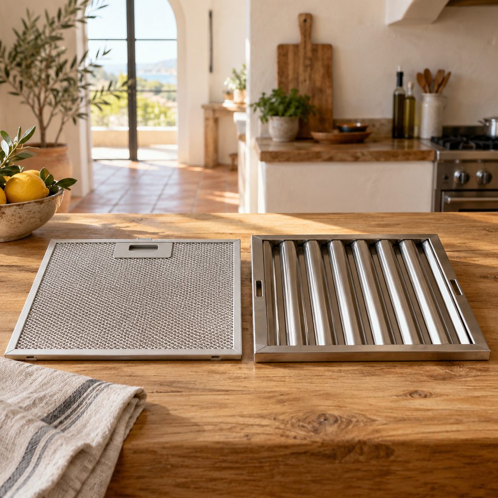 Filtro de malla de aluminio y filtro de lamas de acero inoxidable de una campana, uno al lado del otro