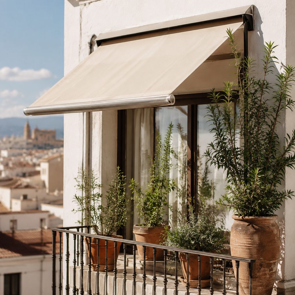 Balcón español con toldo de lona claro y macetas dando sombra a la ventana del salón