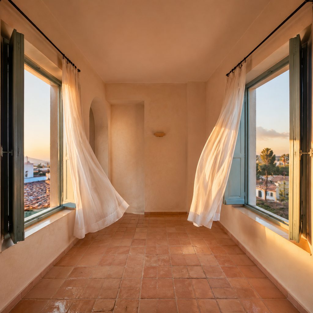 Corriente de aire cruzada entre dos ventanas abiertas de un piso al amanecer