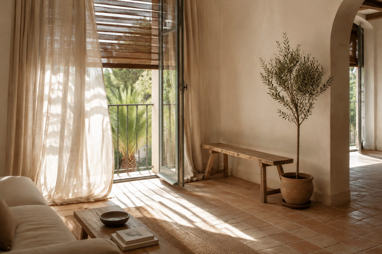 Salón español luminoso en verano con la persiana bajada a media altura y cortinas claras moviéndose con la brisa