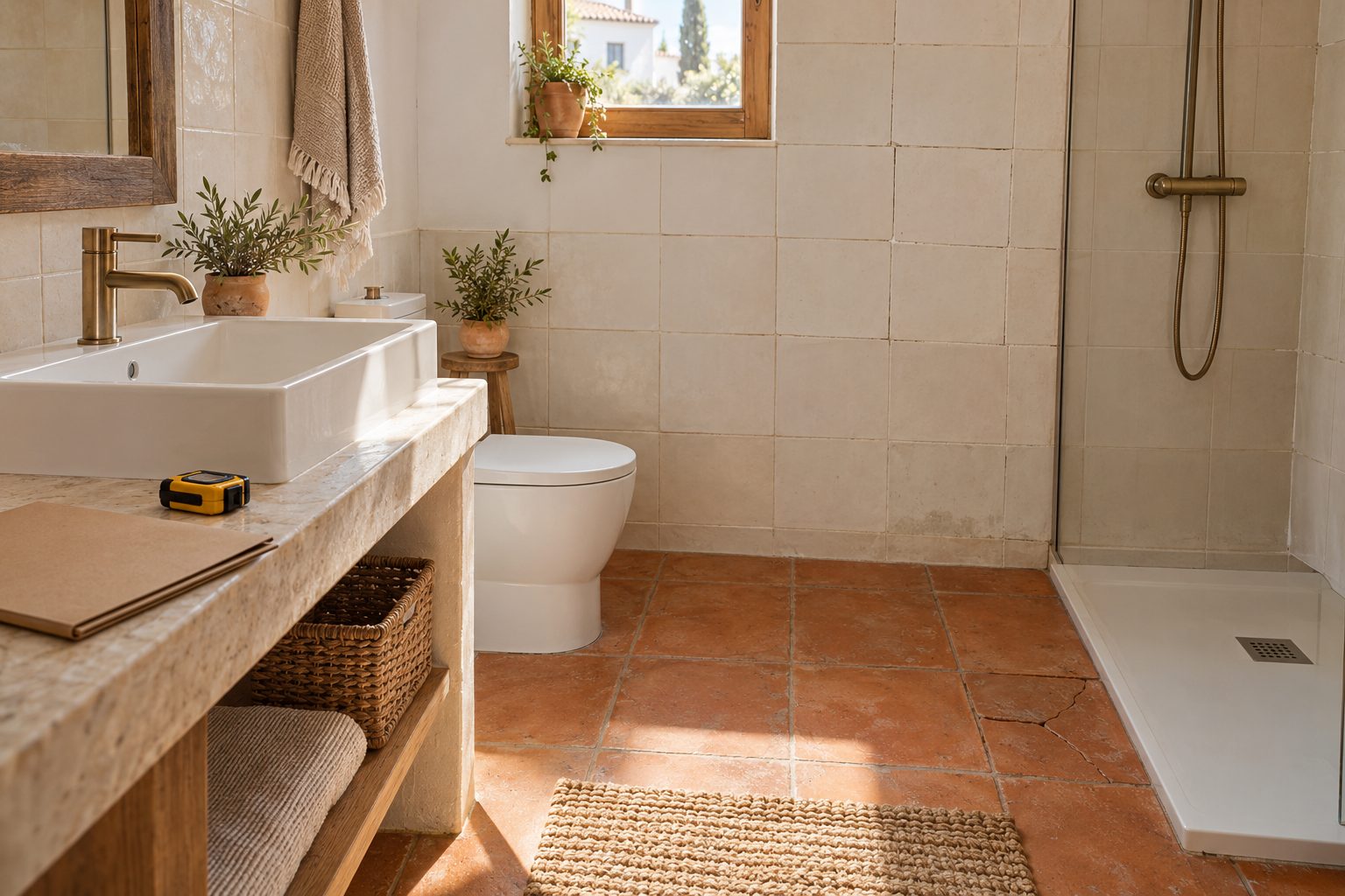 Baño recién reformado con azulejos desalineados, una baldosa rota junto al plato de ducha y una mancha de humedad en la pared