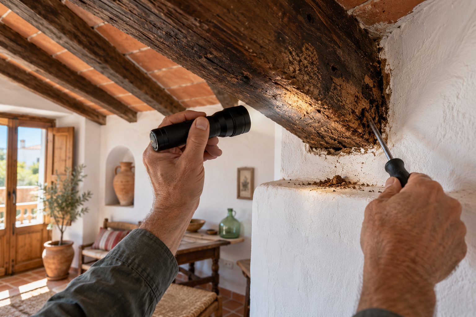 Manos golpeando con un destornillador una viga de madera antigua en el techo de una casa para comprobar si suena hueca