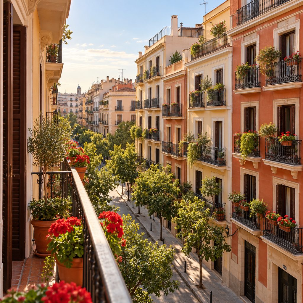 Calle de un barrio español con edificios de pisos parecidos, fachadas claras y balcones con plantas