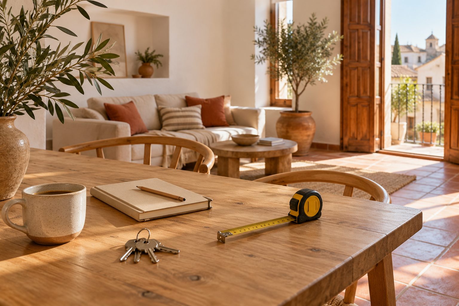 Salón luminoso de un piso español con una cinta métrica, unas llaves y una libreta sobre la mesa