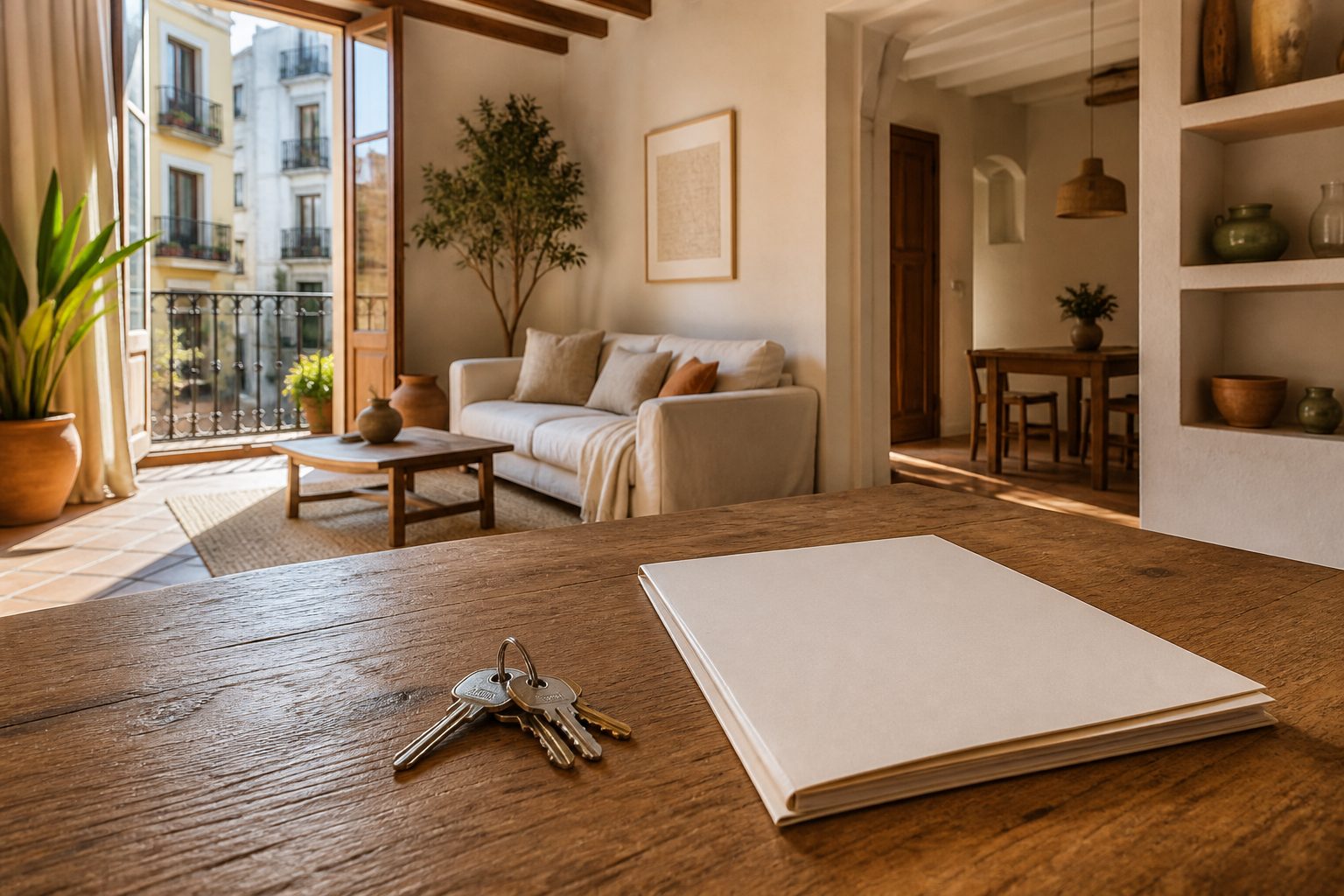 Llaves de una vivienda sobre una mesa de madera junto a una carpeta, en un salón luminoso