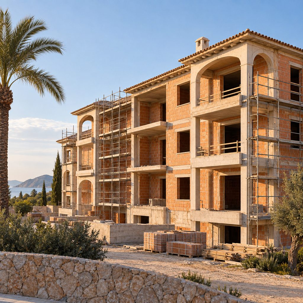 Promoción de viviendas de obra nueva a medio construir, con andamios y huecos de ventana todavía vacíos