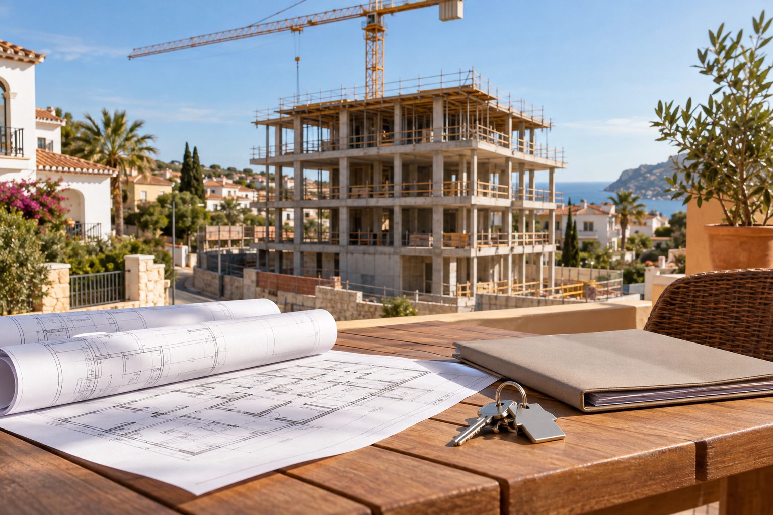 Planos de una vivienda y llaves nuevas sobre una mesa frente a una promoción de obra nueva en construcción