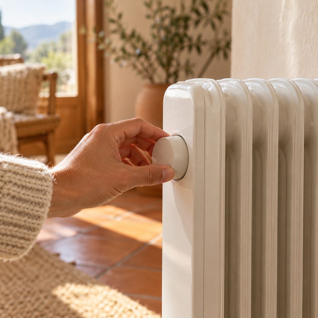 Mano regulando el termostato de un radiador de aceite en casa