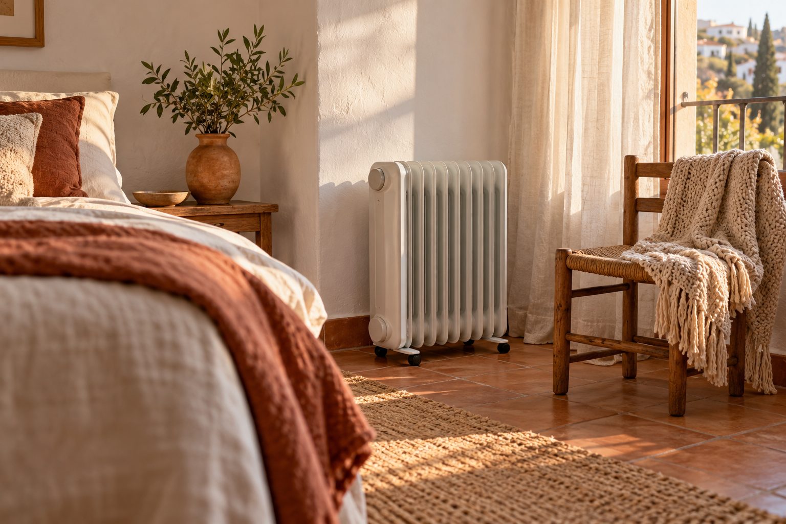 Radiador eléctrico de aceite en el dormitorio de un piso de alquiler con luz de tarde de invierno