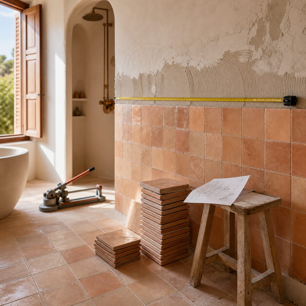 Cinta métrica sobre una pared de baño a medio alicatar, con azulejos apilados en el suelo