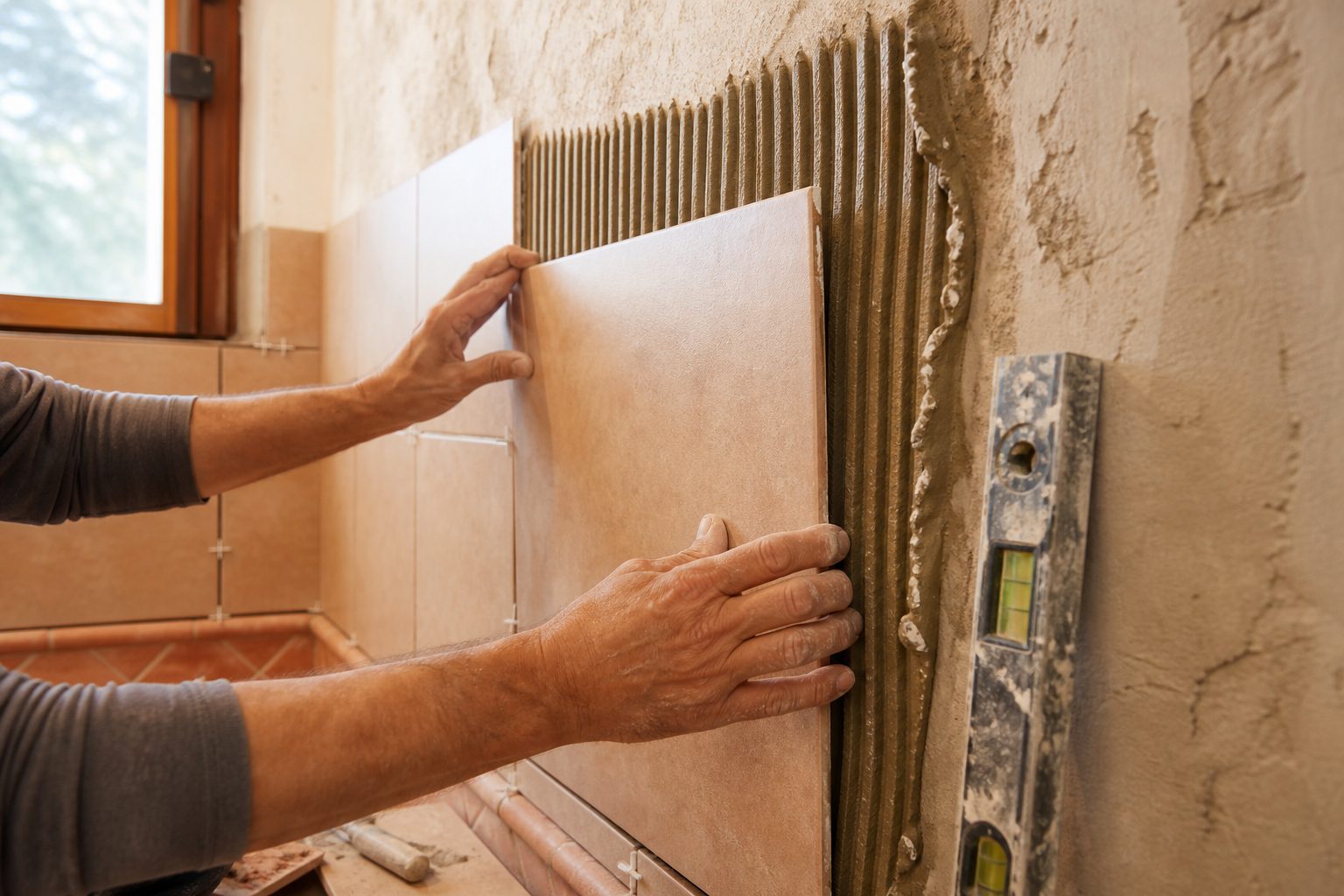 Alicatador colocando azulejos en la pared de un baño en obra
