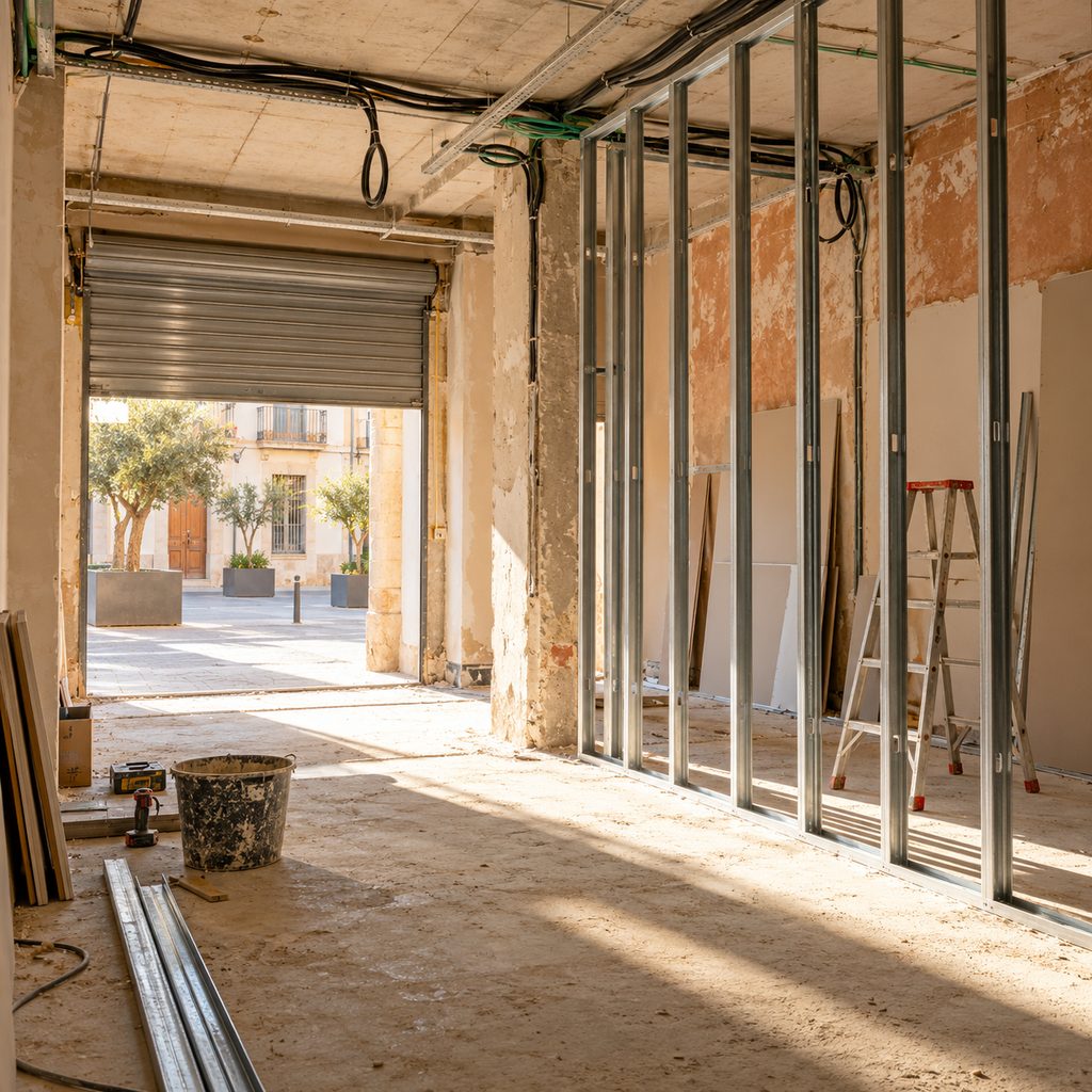 Local comercial vacío en plena obra de adaptación, con la persiana metálica a medio subir
