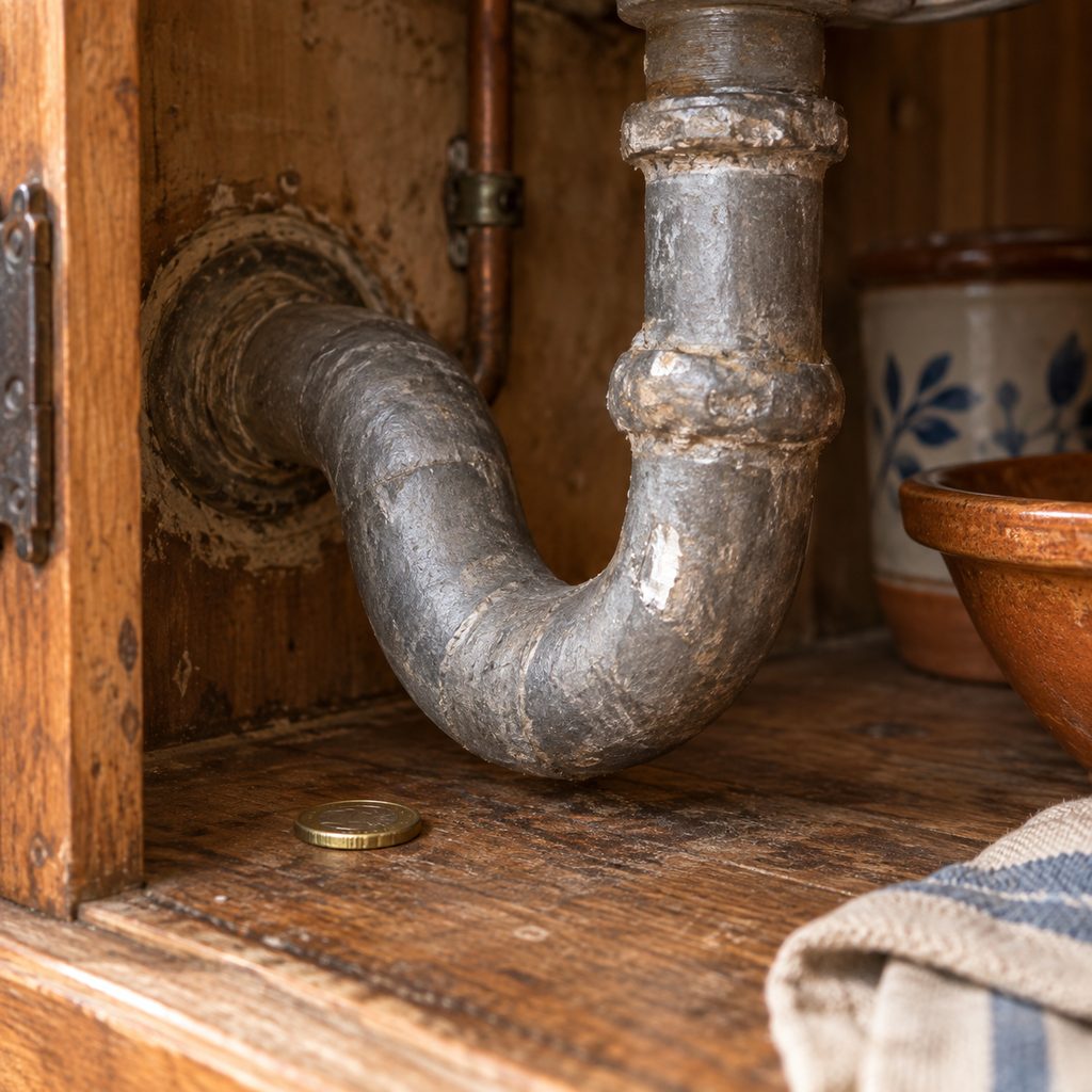 Tubería antigua de plomo bajo un fregadero, gris mate y con una zona rascada que brilla en color plateado