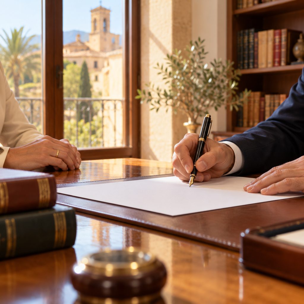 Manos firmando documentos con una pluma sobre una mesa de madera en un despacho luminoso