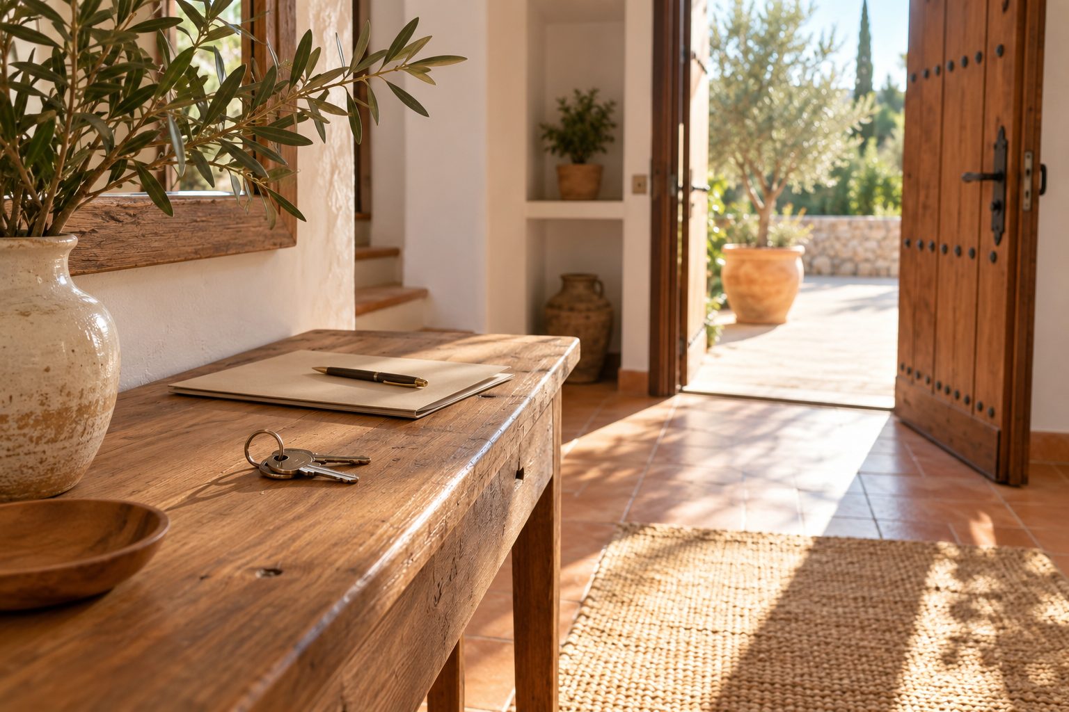 Llaves de casa sobre una mesa de madera junto a una carpeta de documentos, con luz natural de mañana