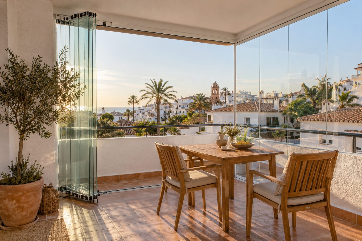 Terraza de un piso cerrada con una cortina de cristal sin perfiles verticales, con las hojas medio abiertas