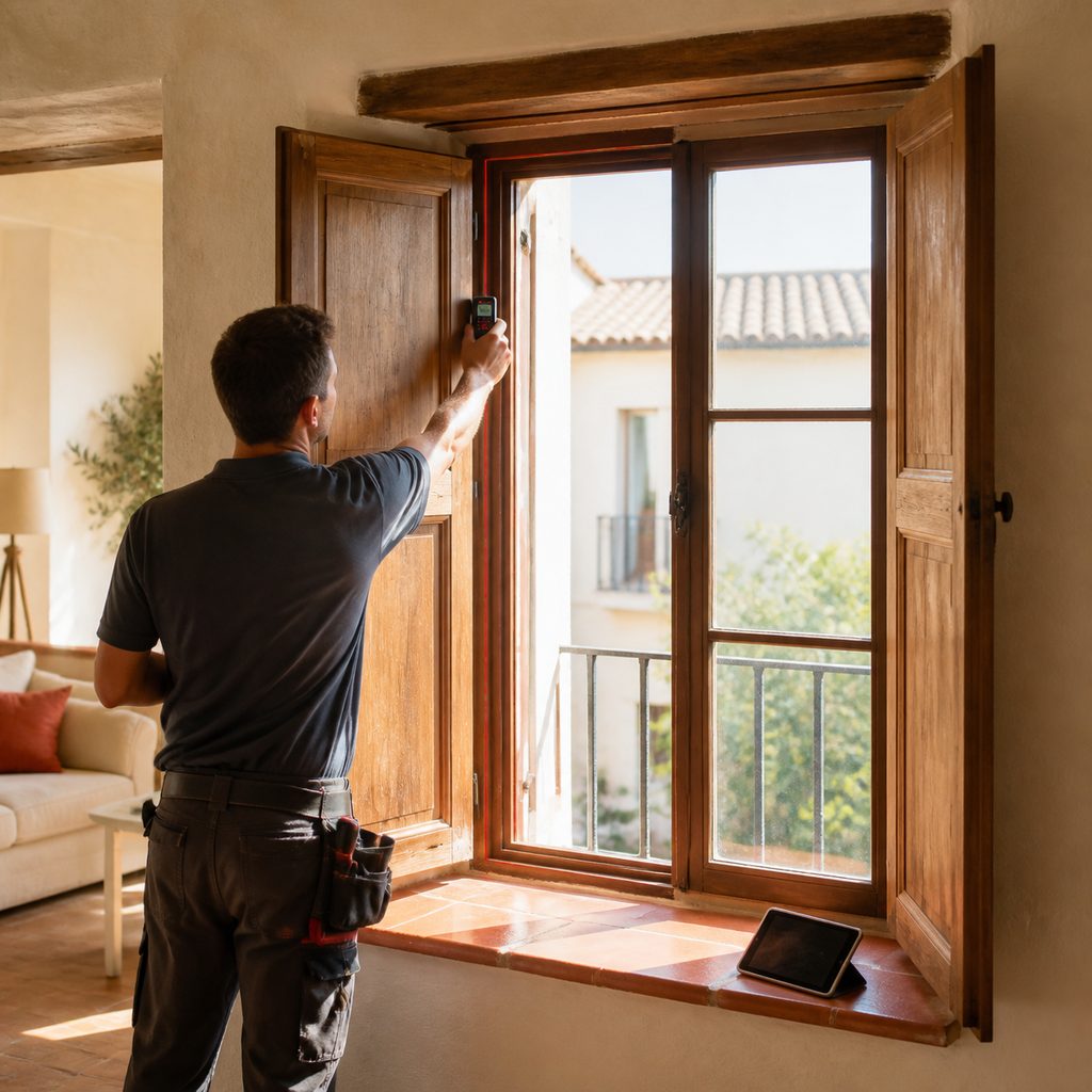 Técnico midiendo una ventana durante la visita para emitir el certificado energético