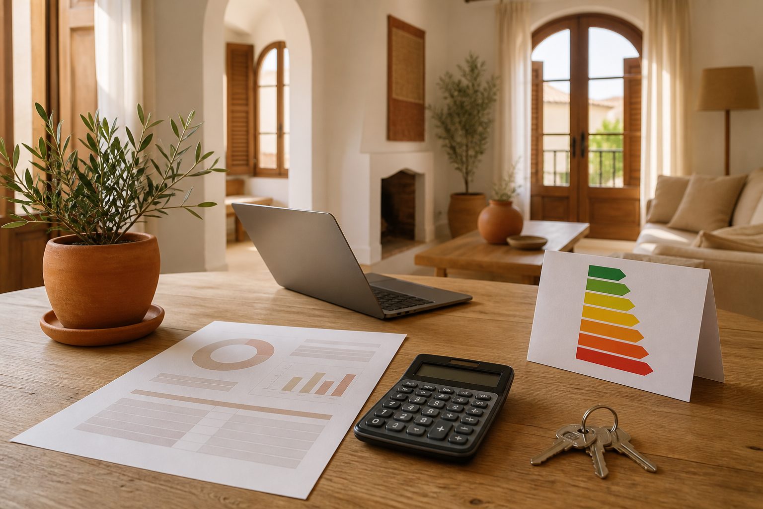 Presupuesto y etiqueta de eficiencia energética sobre la mesa de un salón luminoso en una vivienda española