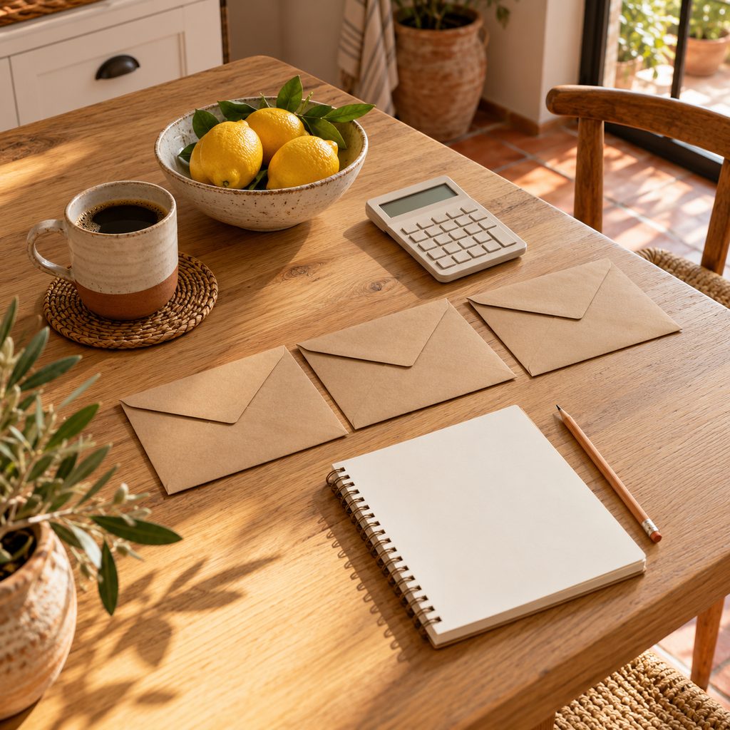Calculadora, tres sobres y una libreta sobre la mesa de una cocina luminosa