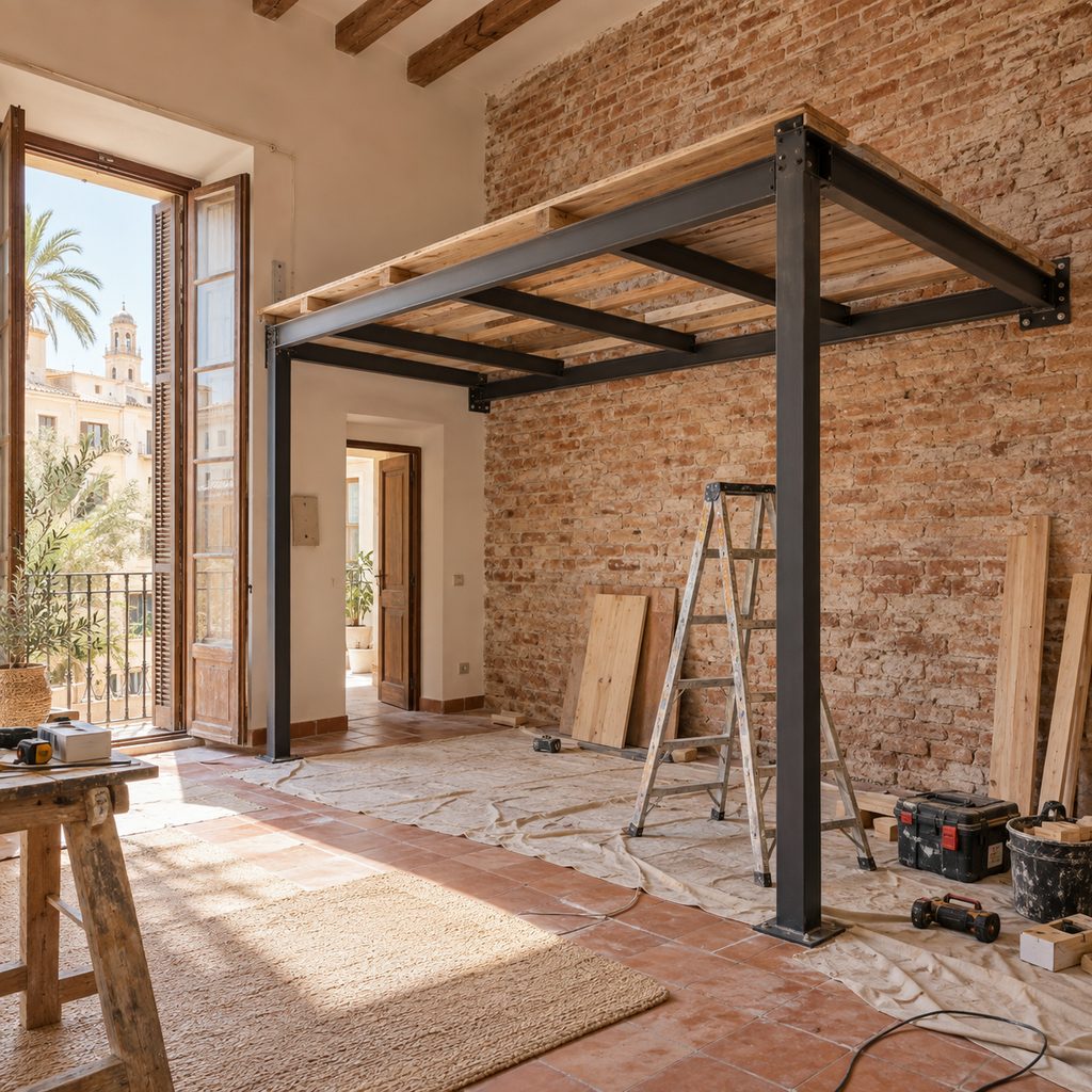 Estructura metálica de un altillo en construcción anclada a un muro de ladrillo visto en un piso antiguo