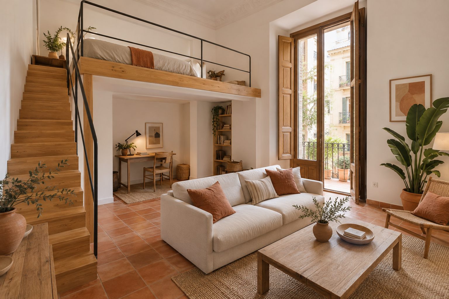 Salón de un piso antiguo con techos altos y un altillo de madera con escalera y barandilla metálica