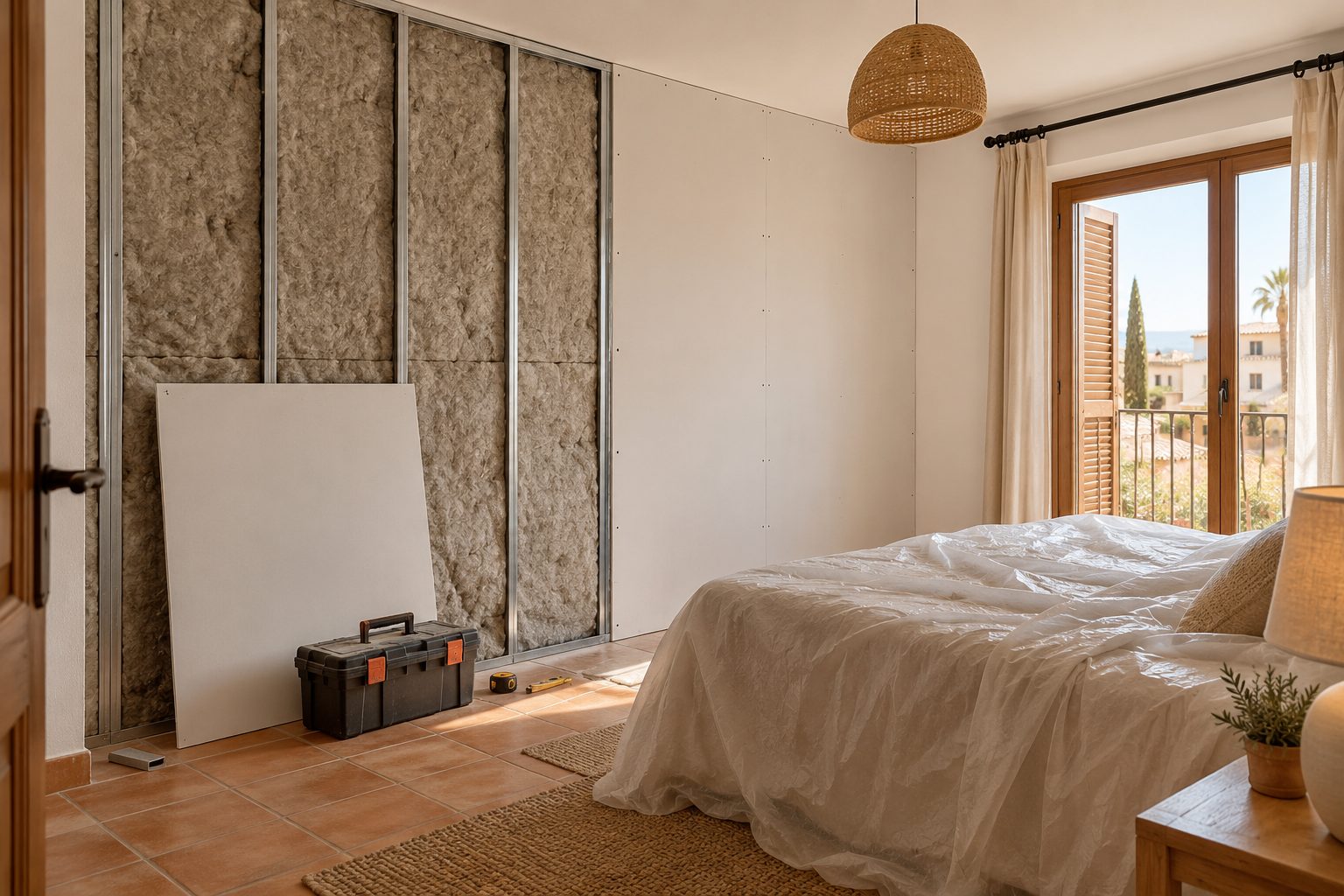 Dormitorio en obra con un trasdosado acústico a medio montar contra la pared medianera