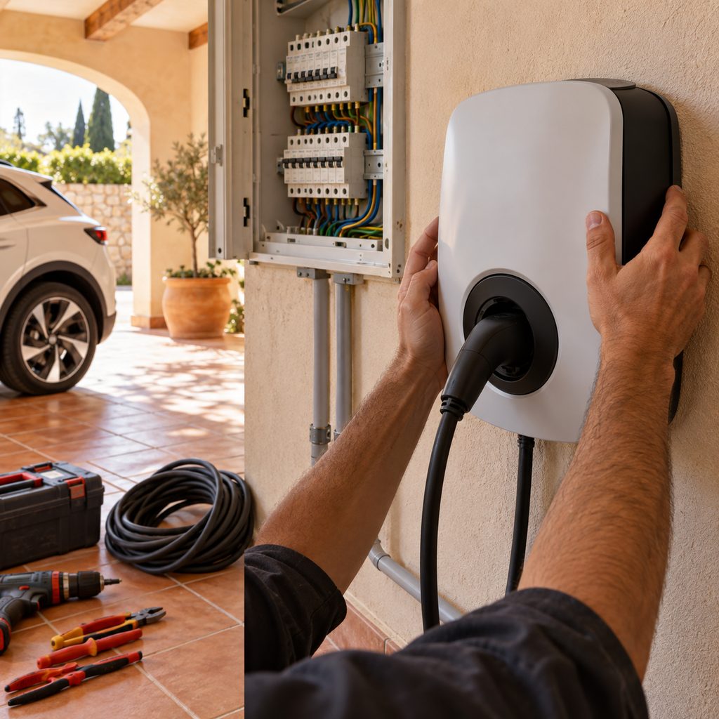 Electricista instalando un cargador de pared junto a un cuadro eléctrico en un garaje