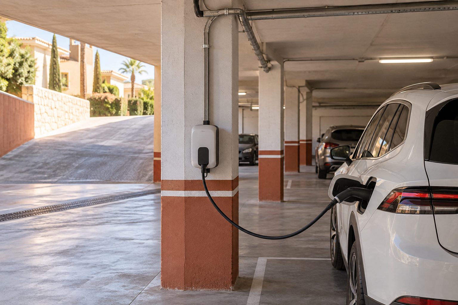Plaza de garaje comunitario con un cargador de pared conectado a un coche eléctrico