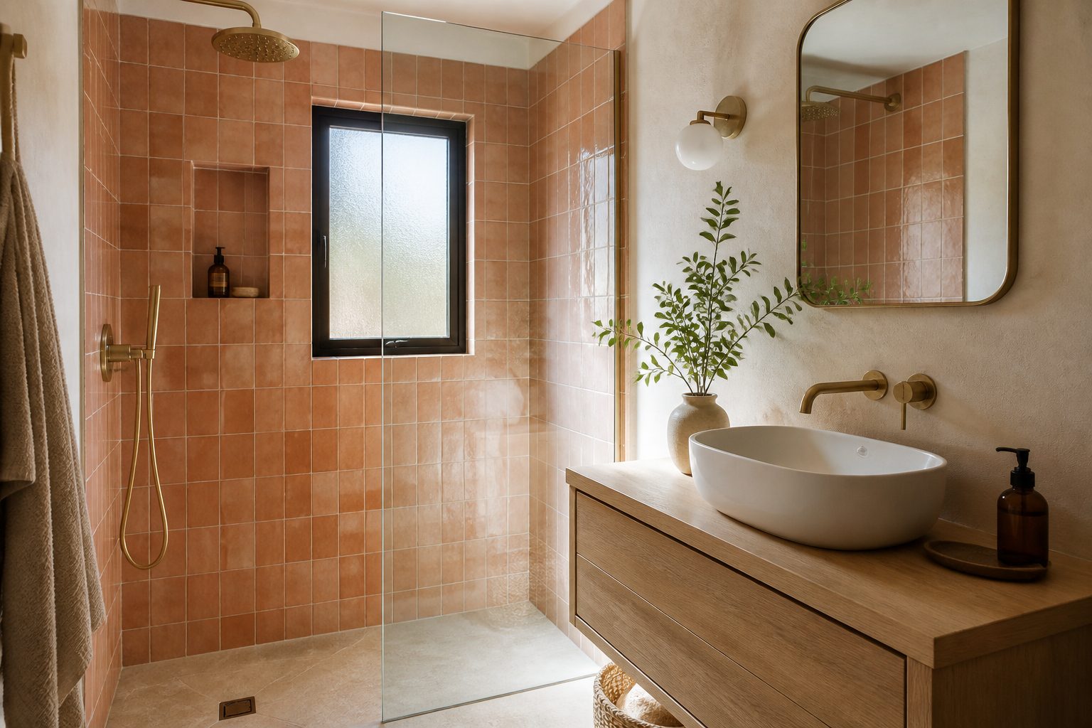 Baño pequeño recién reformado con ducha de obra y azulejos en tonos cálidos