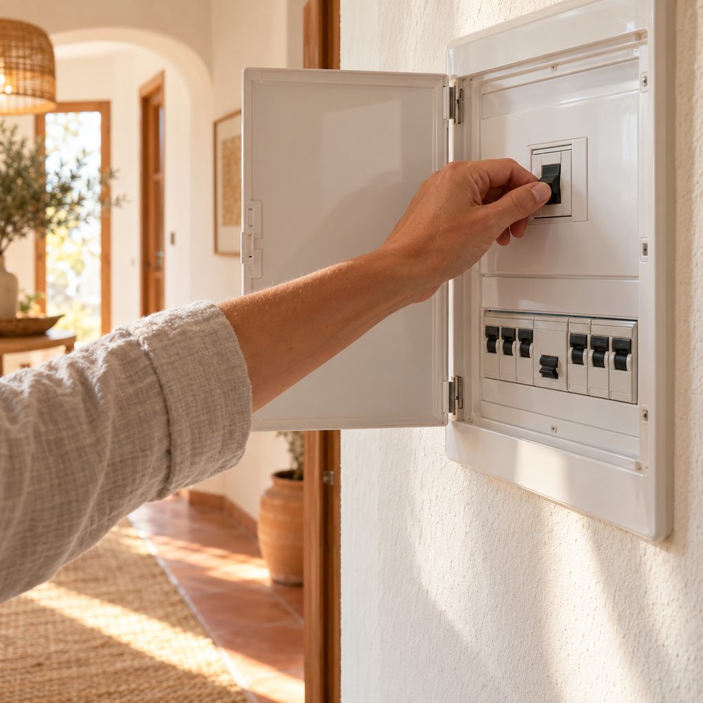 Mano rearmando el interruptor general del cuadro eléctrico de una vivienda