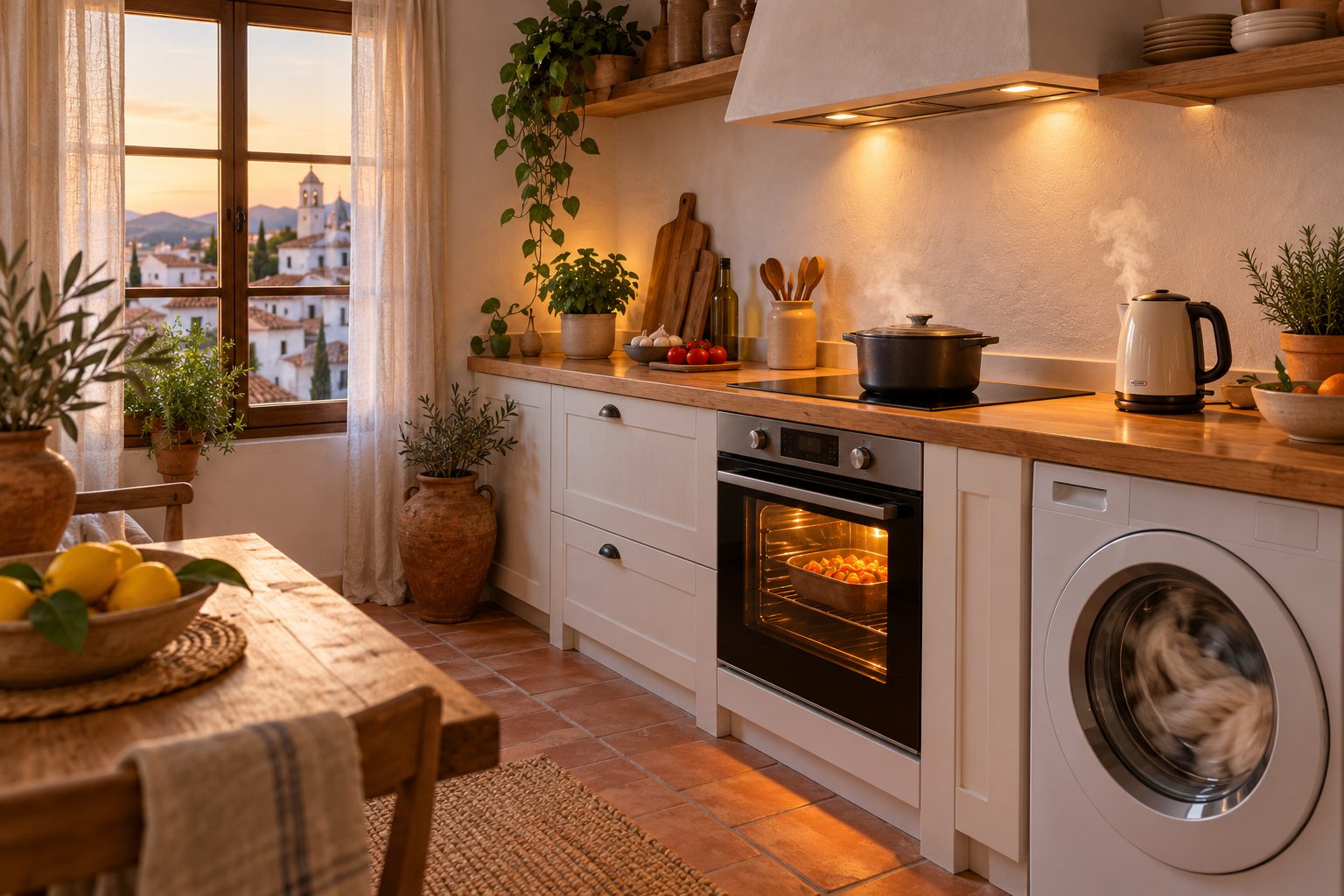 Cocina de un piso con el horno, la placa y la lavadora funcionando a la vez al caer la tarde