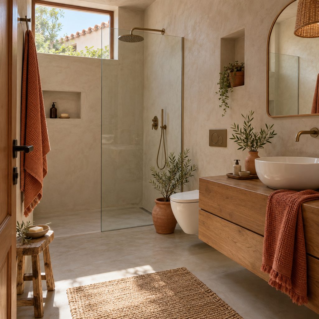 Baño pequeño con suelo y ducha de obra en microcemento continuo, sin juntas
