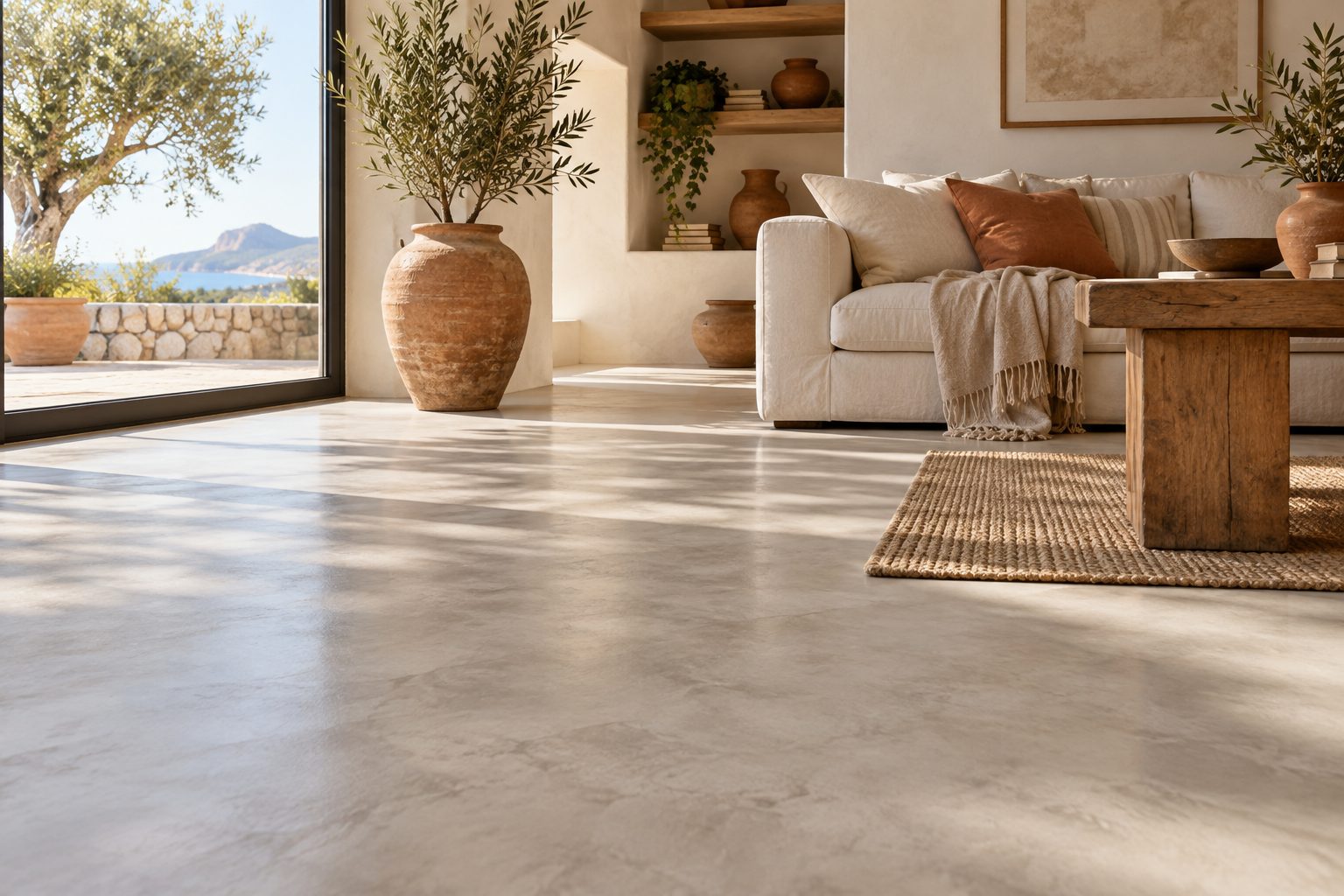 Salón luminoso con suelo continuo de microcemento en tono gris cálido