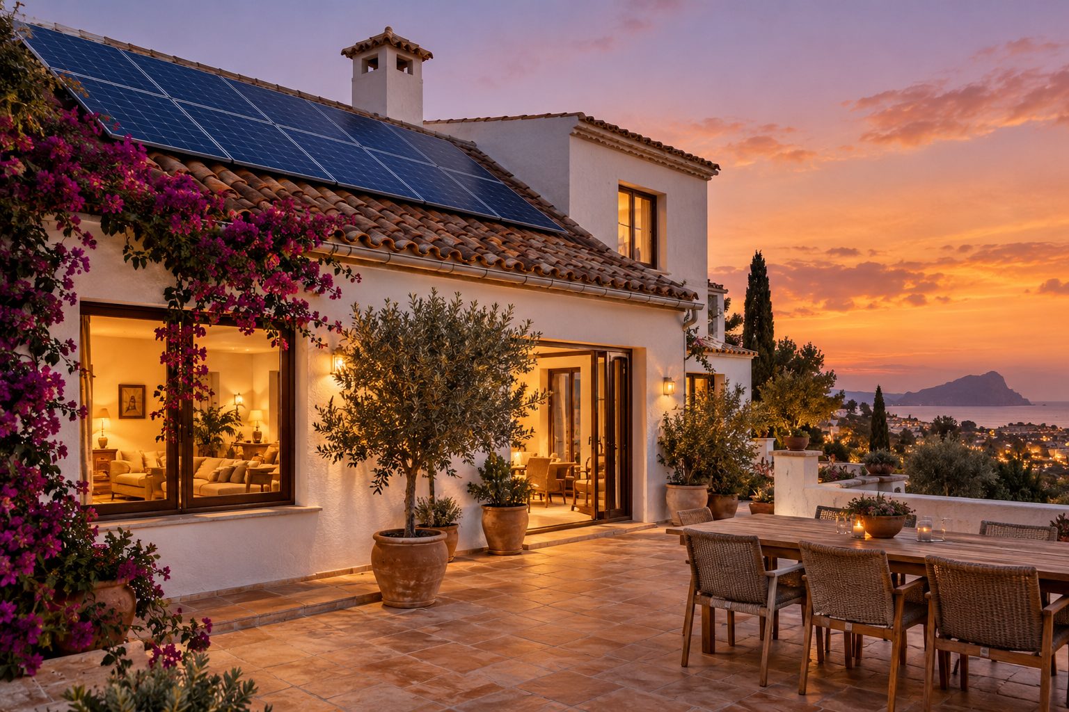 Casa mediterránea con placas solares en el tejado al atardecer y luz encendida en el interior