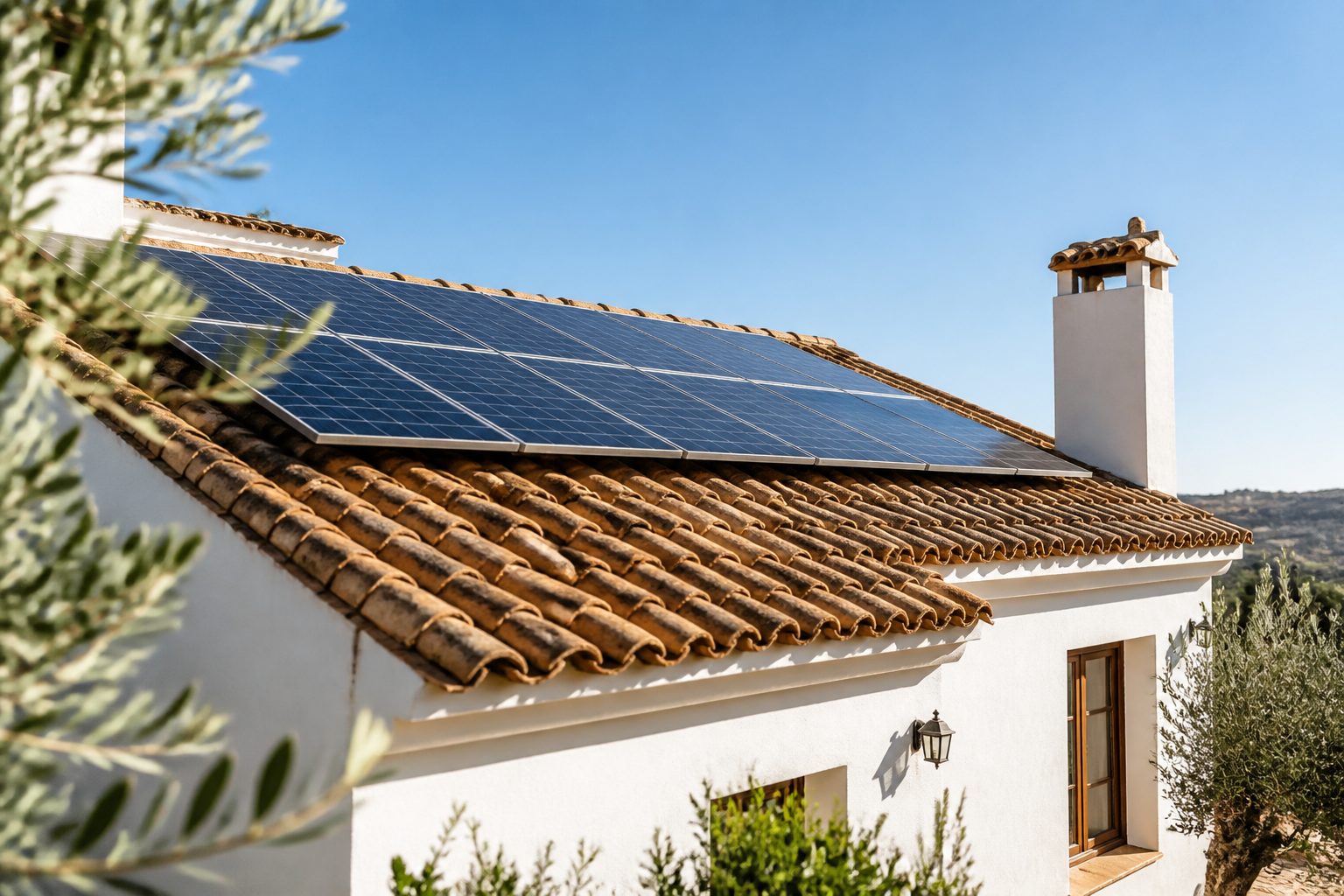 Placas solares instaladas en el tejado de teja de una vivienda unifamiliar española a plena luz del día