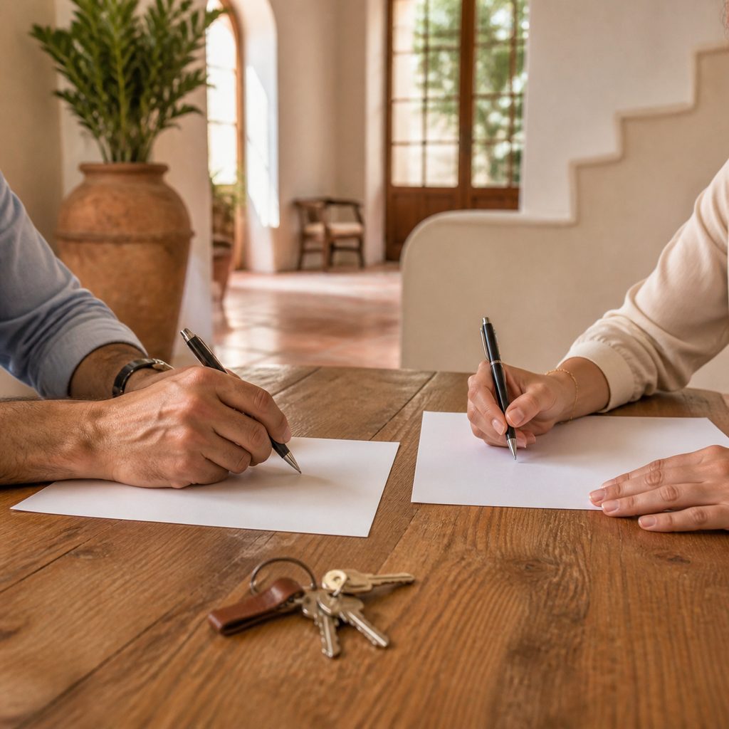 Dos personas firmando documentos sobre una mesa de madera con unas llaves al lado