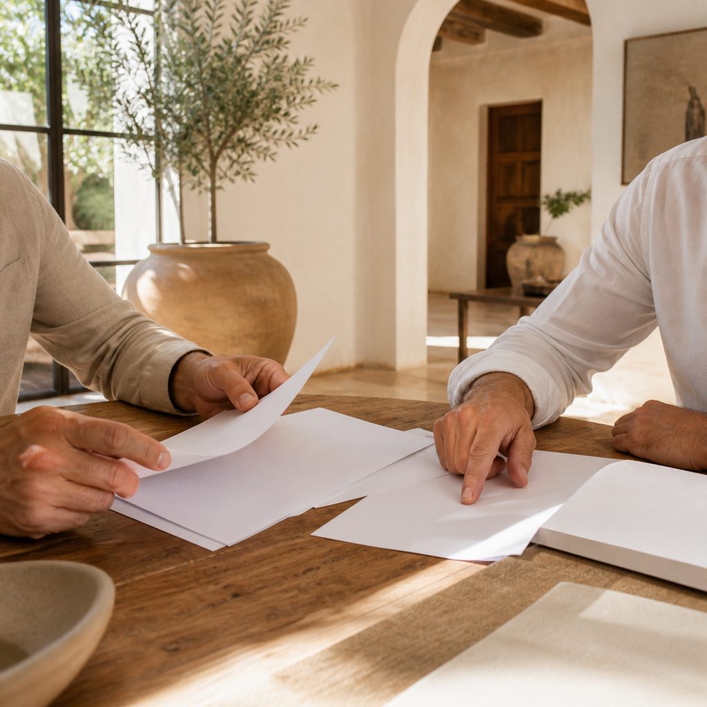 Dos personas revisando documentos sobre una mesa de madera en un despacho luminoso