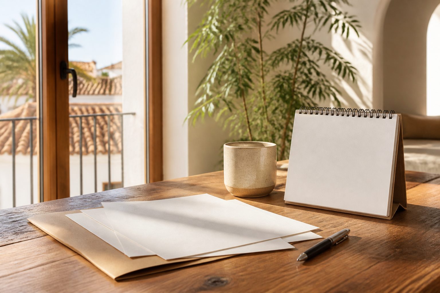 Mesa de madera junto a una ventana con una carpeta de documentos, un calendario de sobremesa y una taza de café