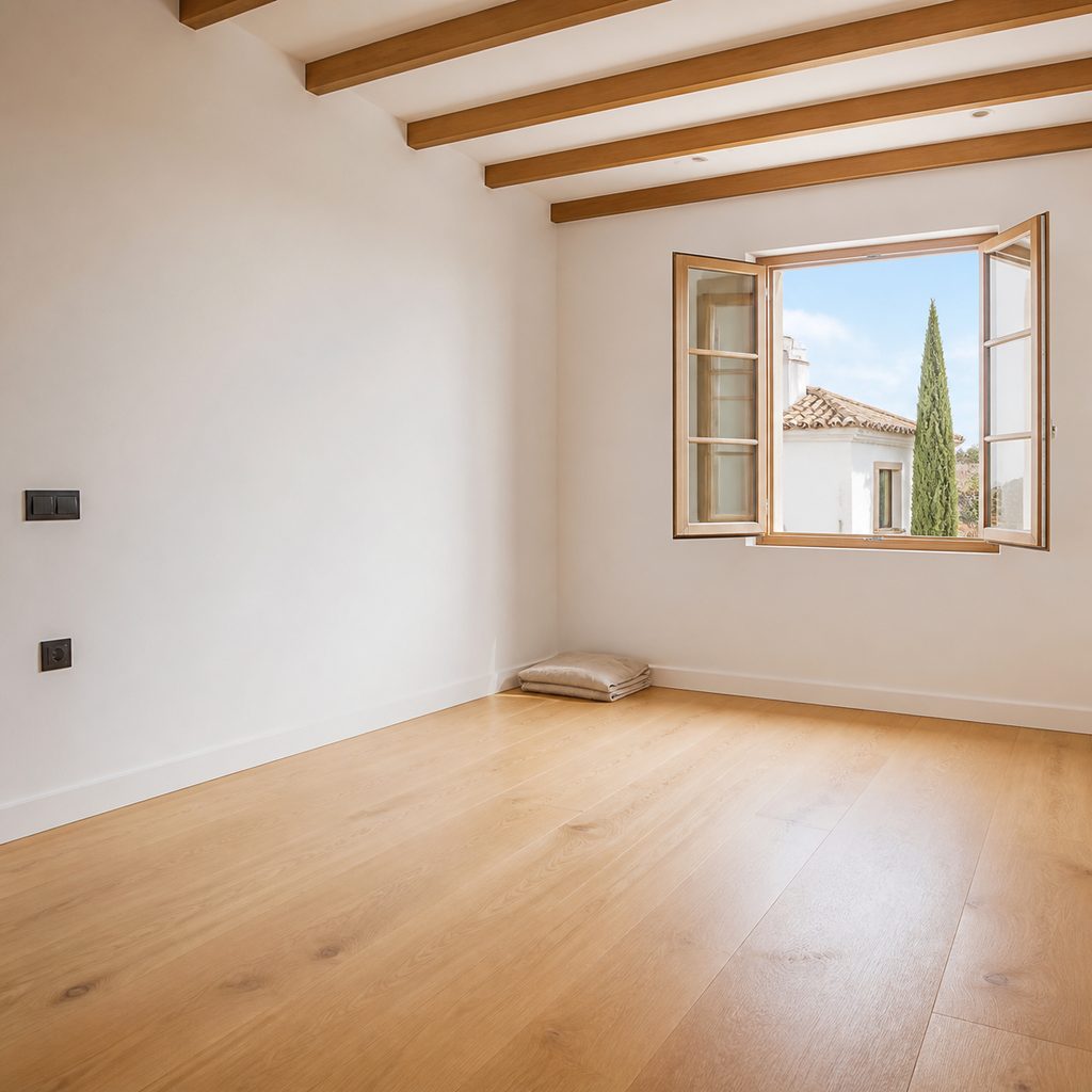 Habitación recién reformada con pintura terminada, suelo nuevo y luz natural, en la fase de acabados
